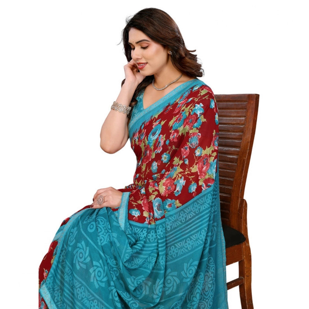 Women's Georgette Printed Saree With Unstitched Blouse 5.5Mtr (Maroon)