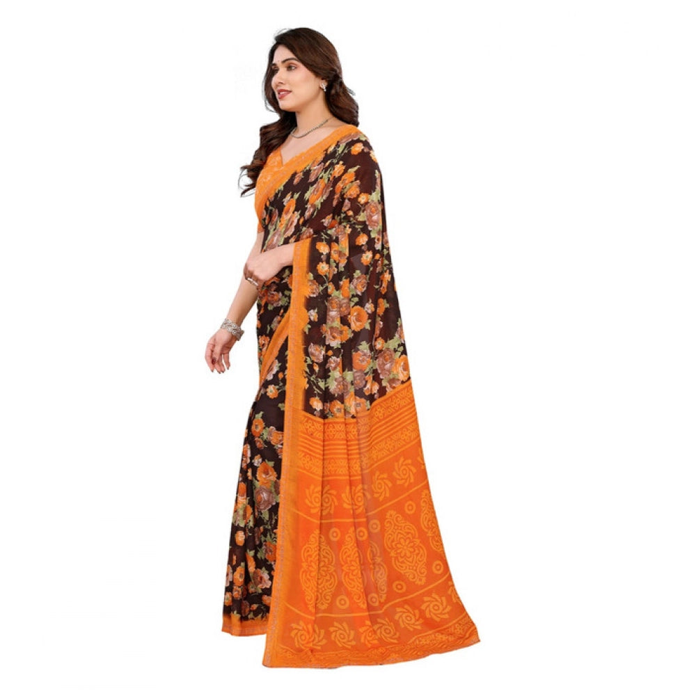 Women's Georgette Printed Saree With Unstitched Blouse 5.5Mtr (Mustard)