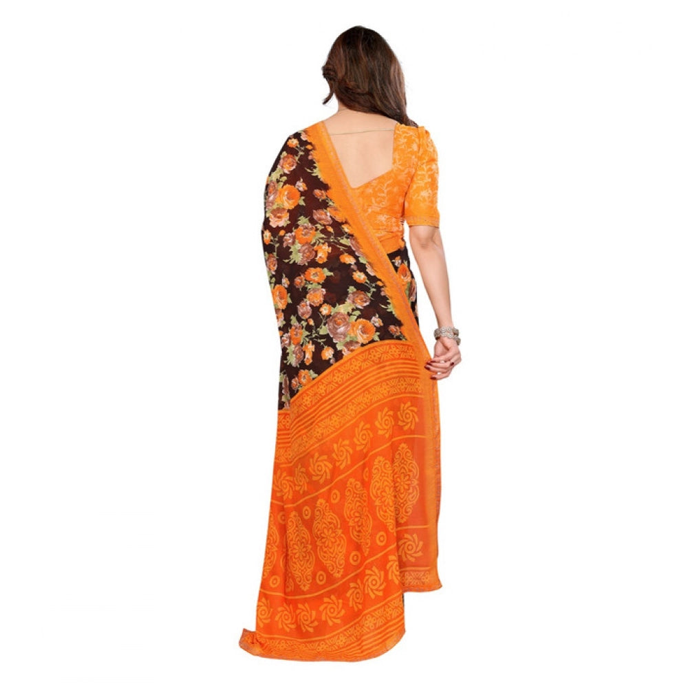 Women's Georgette Printed Saree With Unstitched Blouse 5.5Mtr (Mustard)