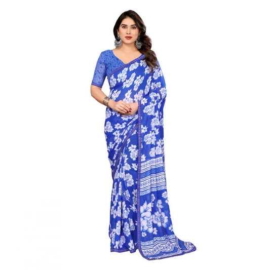 Women's Georgette Printed Saree With Unstitched Blouse 5.5Mtr (Blue)