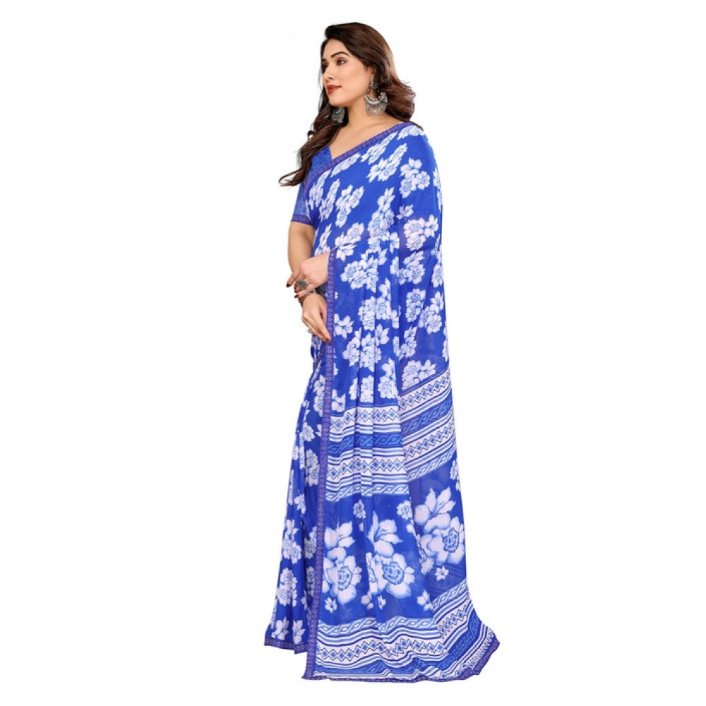 Women's Georgette Printed Saree With Unstitched Blouse 5.5Mtr (Blue)