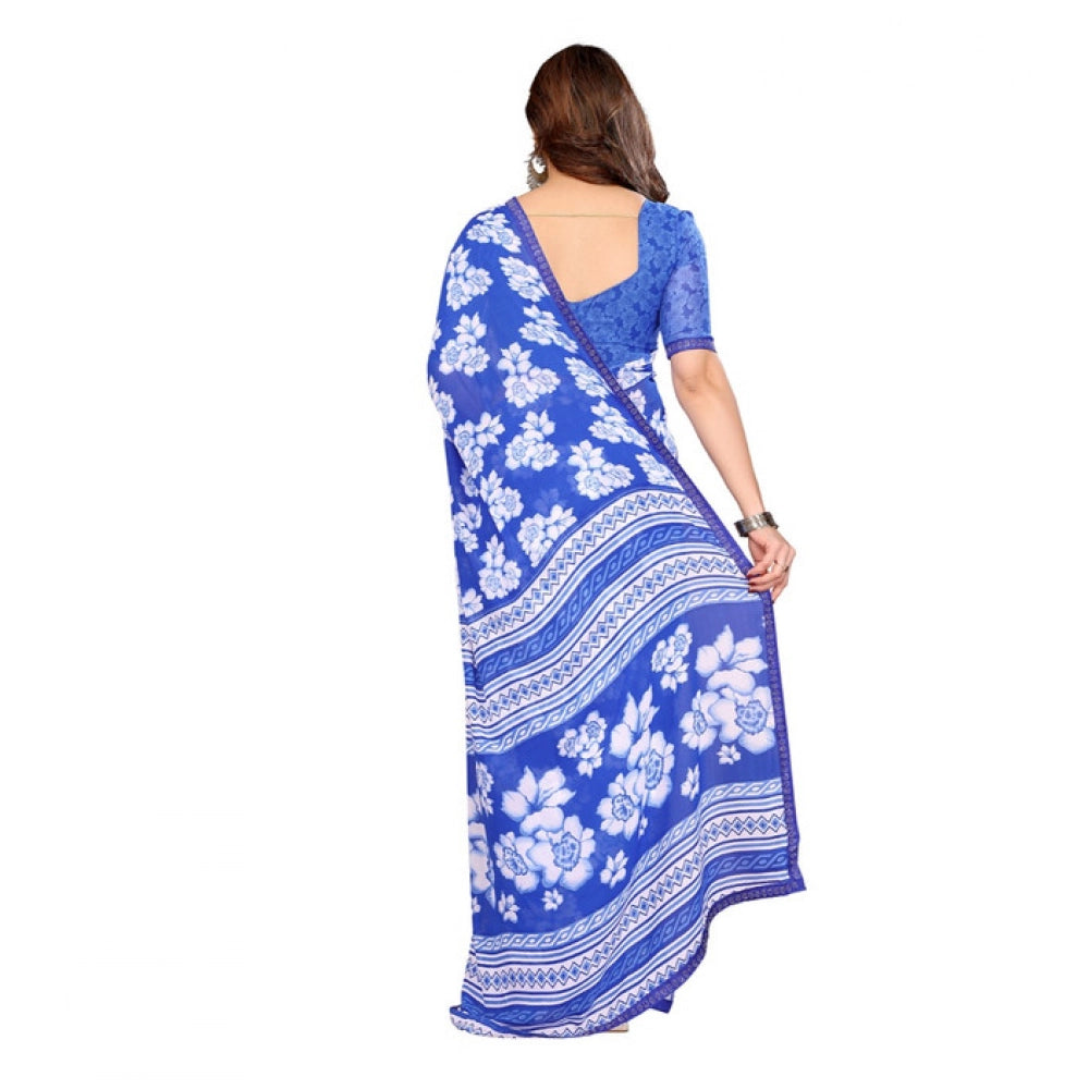 Women's Georgette Printed Saree With Unstitched Blouse 5.5Mtr (Blue)