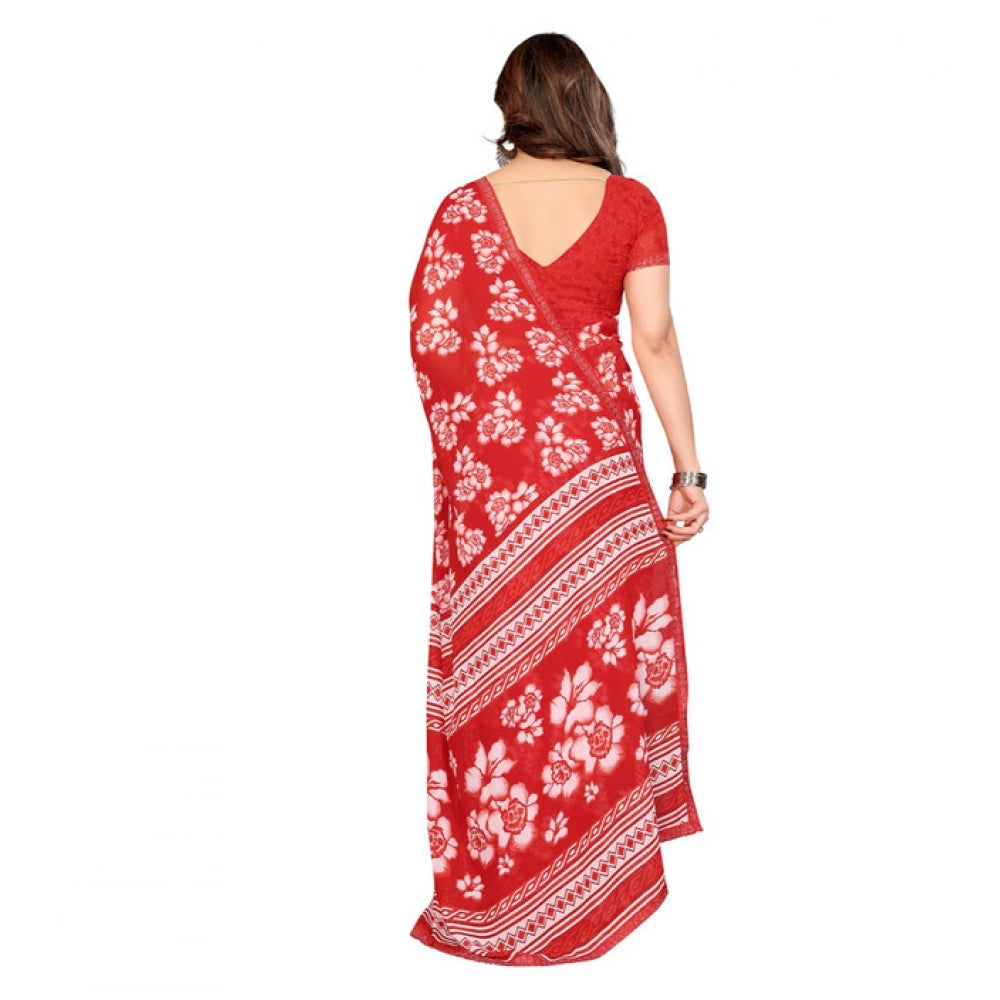 Women's Georgette Printed Saree With Unstitched Blouse 5.5Mtr (Red)