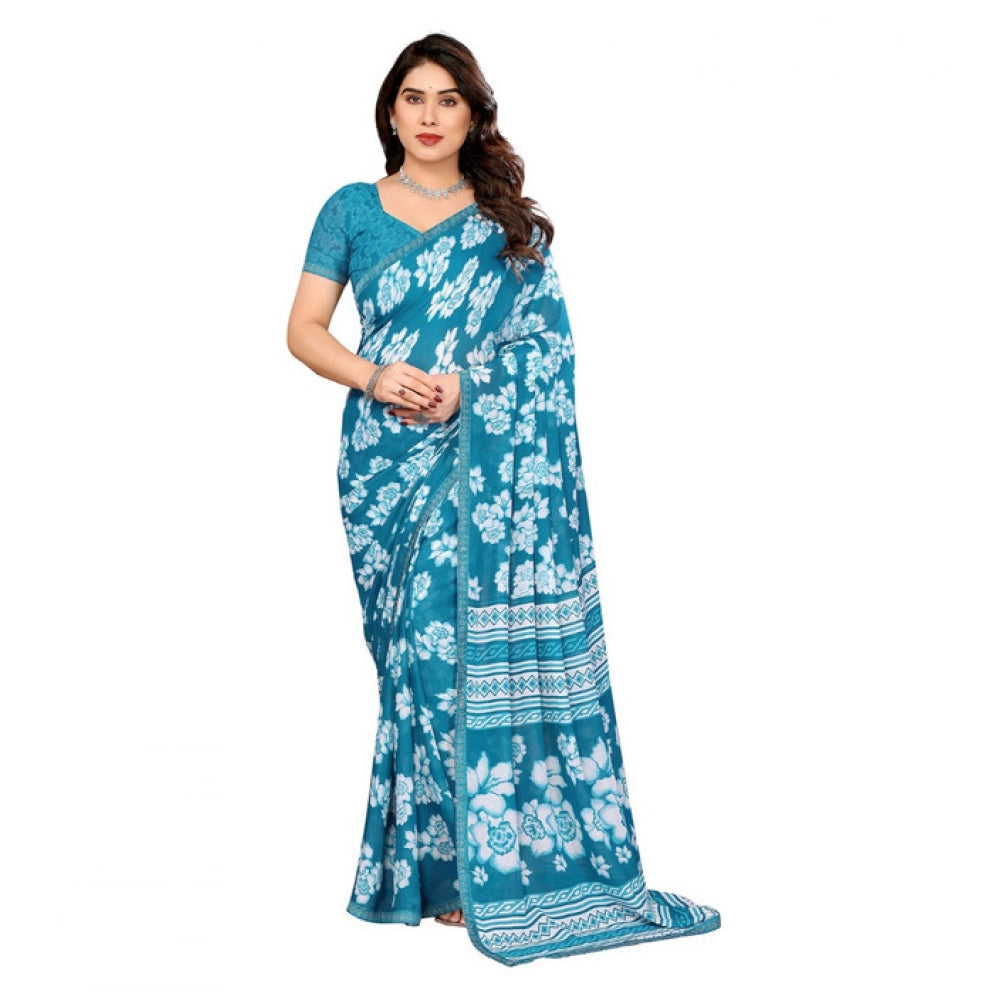 Women's Georgette Printed Saree With Unstitched Blouse 5.5Mtr (Sky Blue)