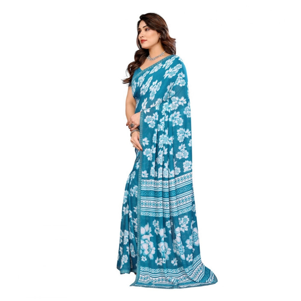 Women's Georgette Printed Saree With Unstitched Blouse 5.5Mtr (Sky Blue)