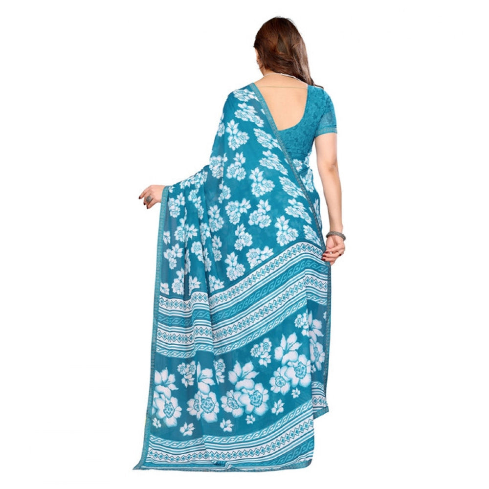 Women's Georgette Printed Saree With Unstitched Blouse 5.5Mtr (Sky Blue)