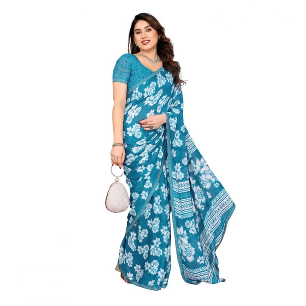 Women's Georgette Printed Saree With Unstitched Blouse 5.5Mtr (Sky Blue)