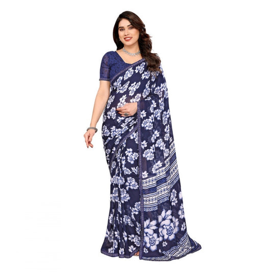 Women's Georgette Printed Saree With Unstitched Blouse 5.5Mtr (Blue)