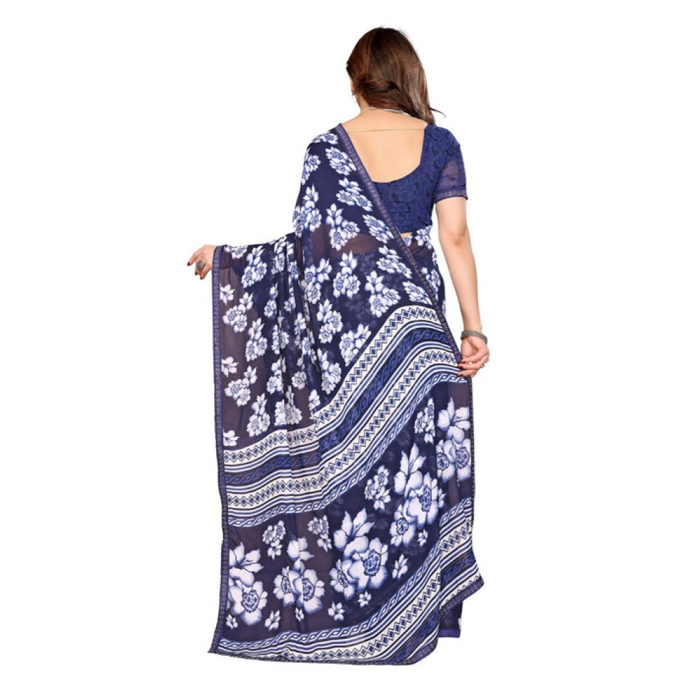 Women's Georgette Printed Saree With Unstitched Blouse 5.5Mtr (Blue)