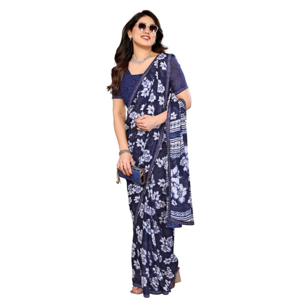 Women's Georgette Printed Saree With Unstitched Blouse 5.5Mtr (Blue)