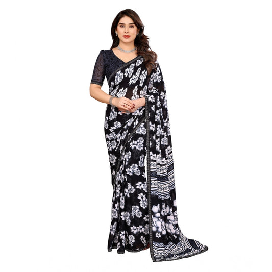 Women's Georgette Printed Saree With Unstitched Blouse 5.5Mtr (Black)