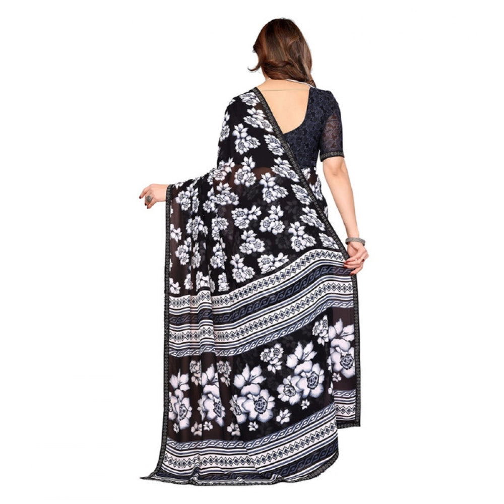 Women's Georgette Printed Saree With Unstitched Blouse 5.5Mtr (Black)