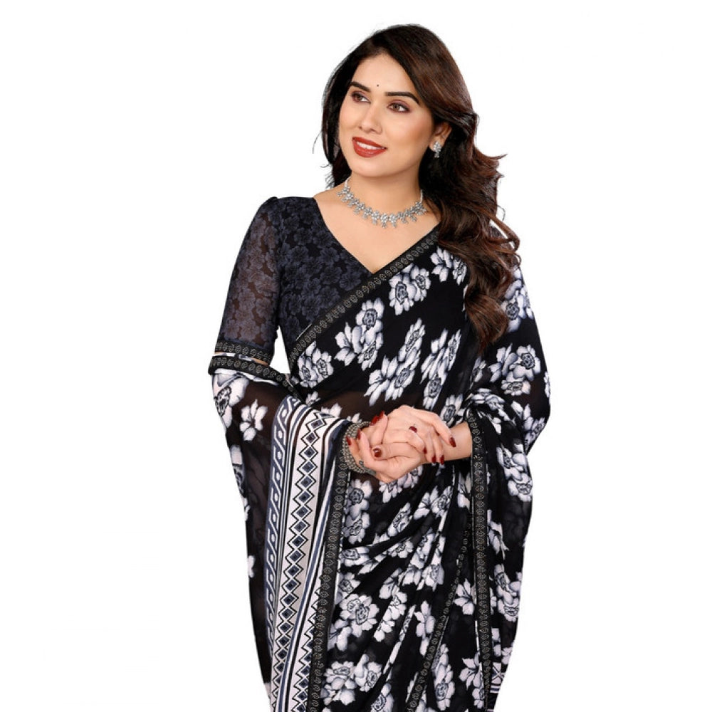 Women's Georgette Printed Saree With Unstitched Blouse 5.5Mtr (Black)