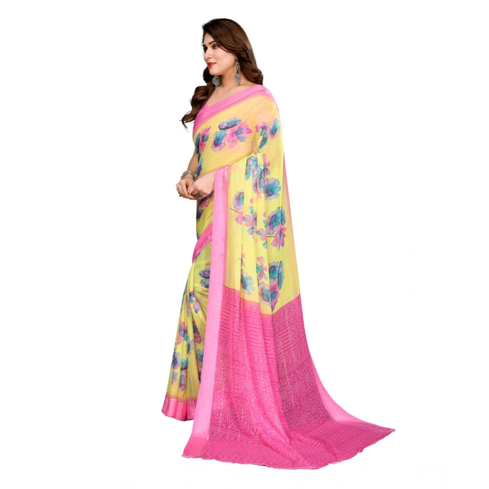 Women's Georgette Printed Saree With Unstitched Blouse 5.5Mtr (Yellow)