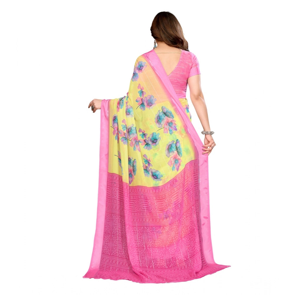 Women's Georgette Printed Saree With Unstitched Blouse 5.5Mtr (Yellow)