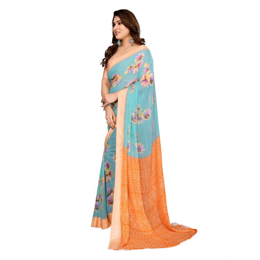 Women's Georgette Printed Saree With Unstitched Blouse 5.5Mtr (Light Blue)
