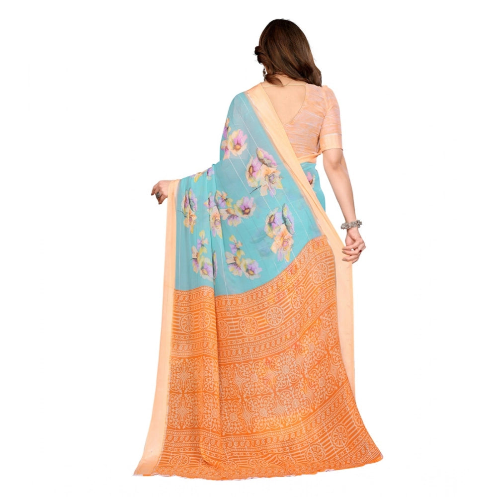 Women's Georgette Printed Saree With Unstitched Blouse 5.5Mtr (Light Blue)