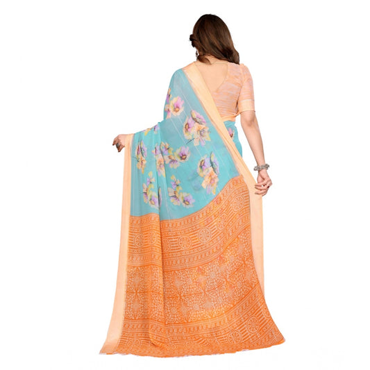 Women's Georgette Printed Saree With Unstitched Blouse 5.5Mtr (Light Blue)