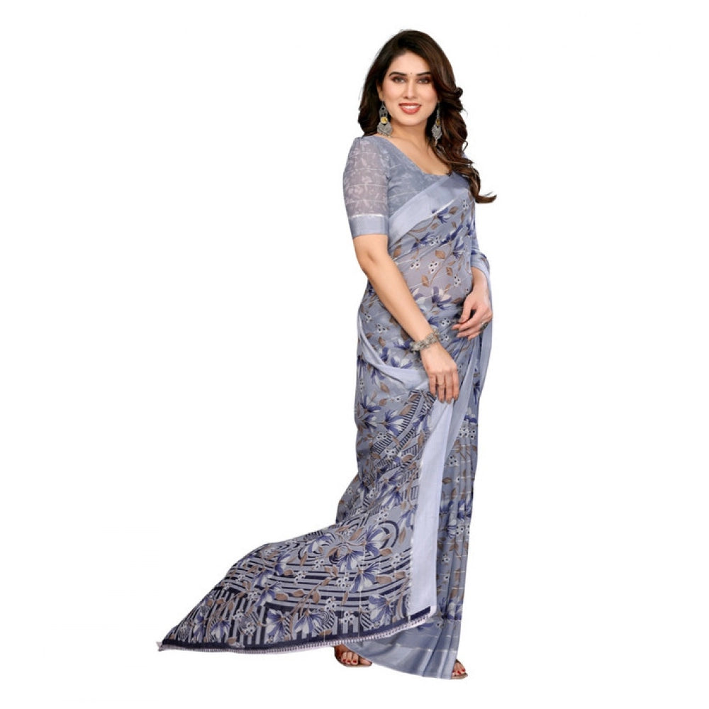 Women's Georgette Printed Saree With Unstitched Blouse 5.5Mtr (Grey)
