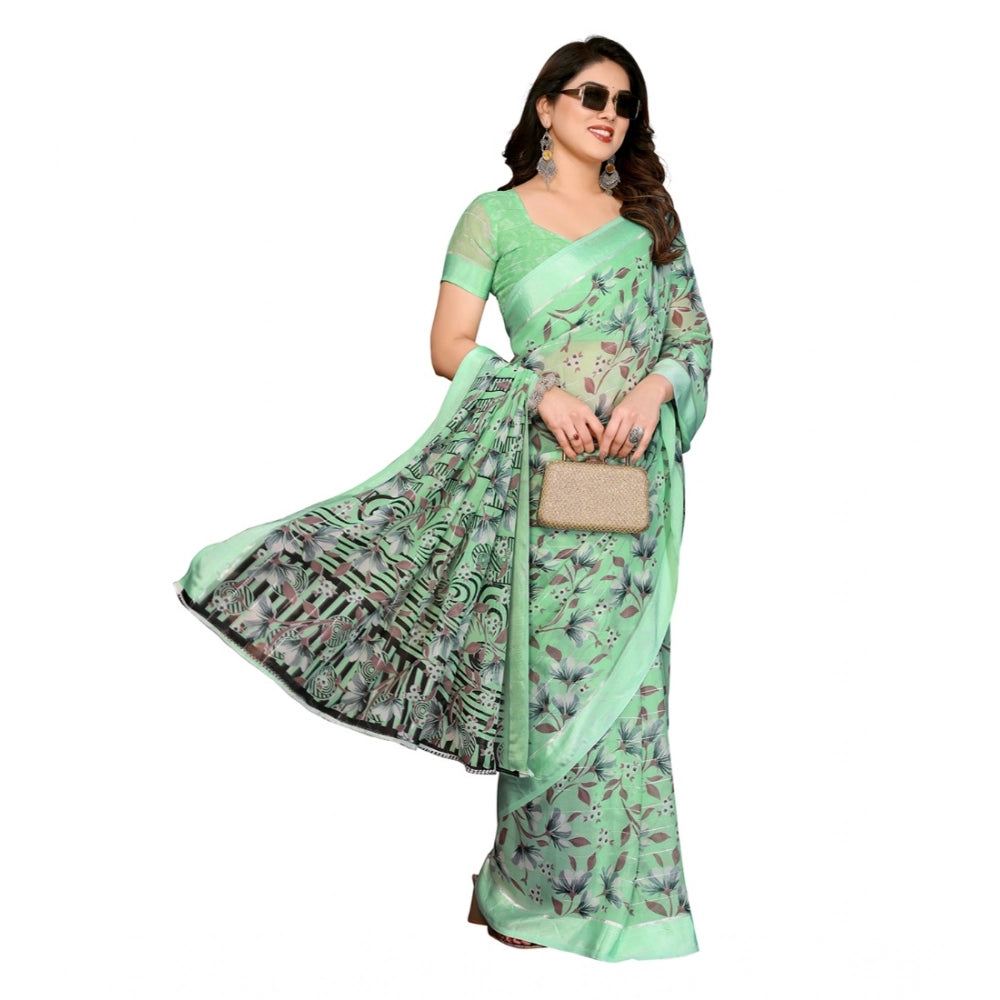 Women's Georgette Printed Saree With Unstitched Blouse 5.5Mtr (Light Green)