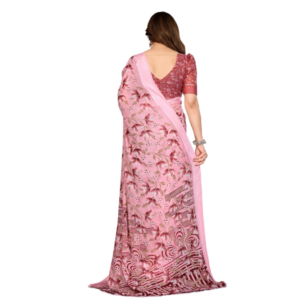 Women's Georgette Printed Saree With Unstitched Blouse 5.5Mtr (Pink)