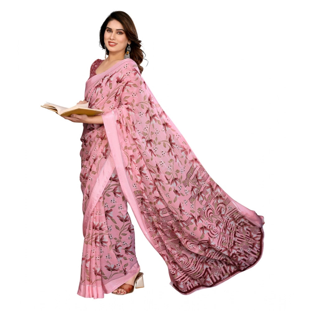 Women's Georgette Printed Saree With Unstitched Blouse 5.5Mtr (Pink)