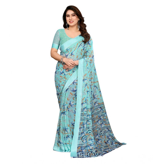 Women's Georgette Printed Saree With Unstitched Blouse 5.5Mtr (Blue)