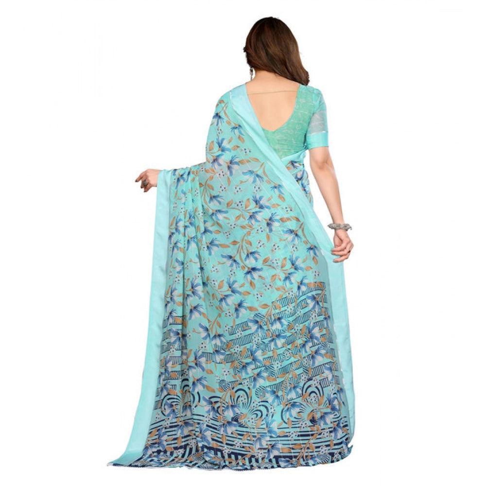 Women's Georgette Printed Saree With Unstitched Blouse 5.5Mtr (Blue)