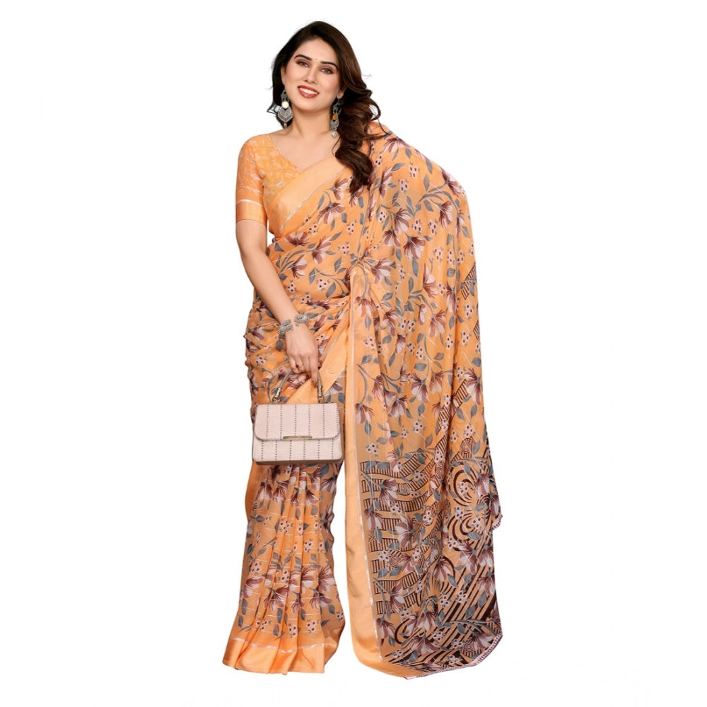 Women's Georgette Printed Saree With Unstitched Blouse 5.5Mtr (Orange)