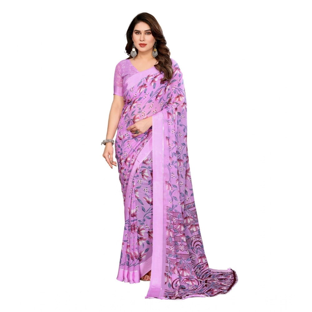 Women's Georgette Printed Saree With Unstitched Blouse 5.5Mtr (Purple)