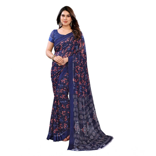 Women's Georgette Printed Saree With Unstitched Blouse 5.5Mtr (Blue)