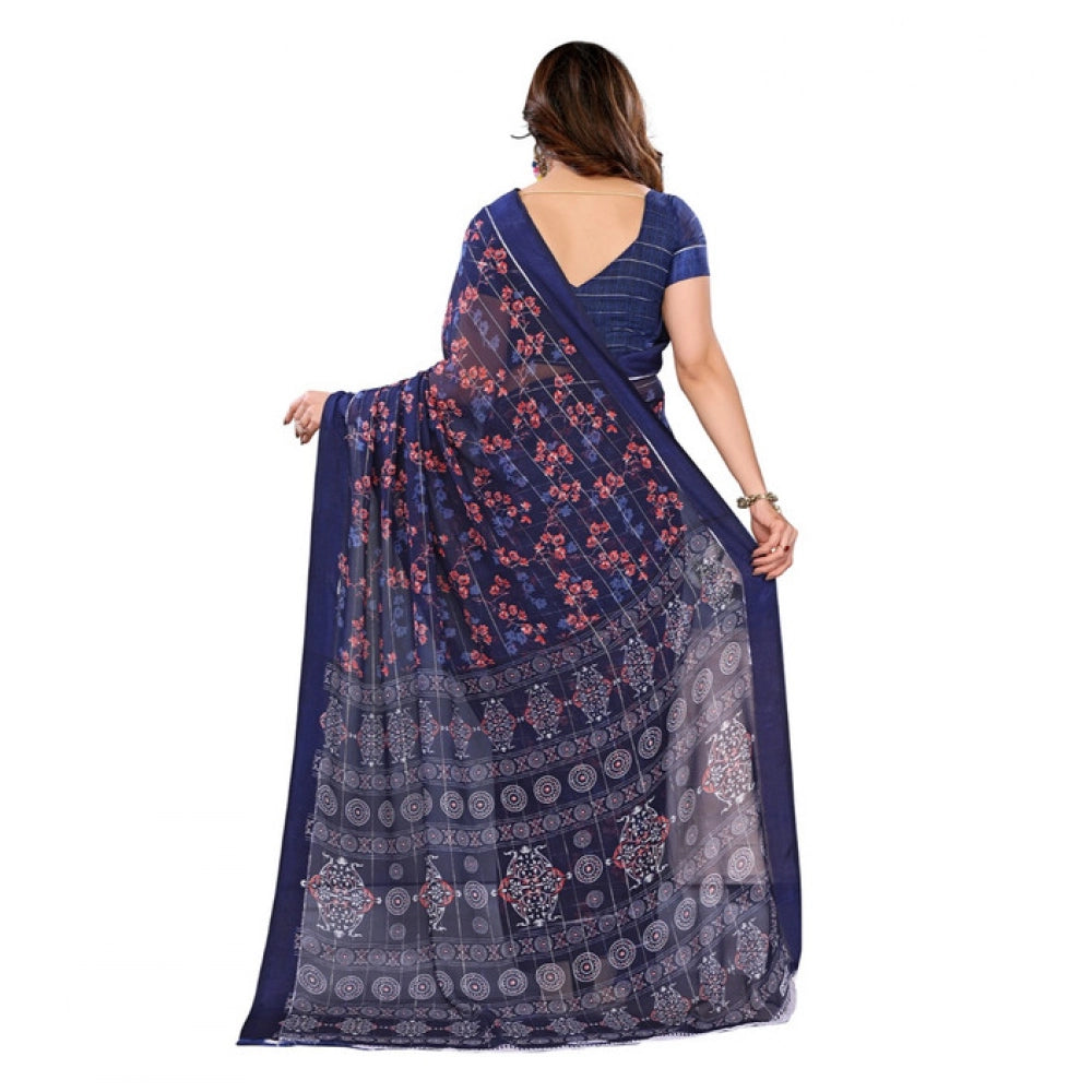 Women's Georgette Printed Saree With Unstitched Blouse 5.5Mtr (Blue)