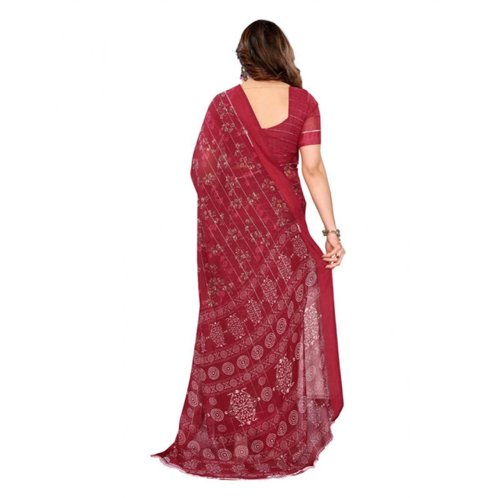 Women's Georgette Printed Saree With Unstitched Blouse 5.5Mtr (Red)
