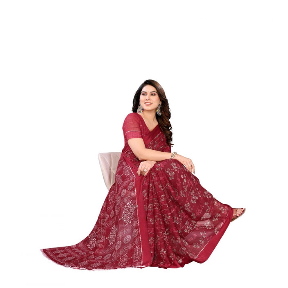 Women's Georgette Printed Saree With Unstitched Blouse 5.5Mtr (Red)