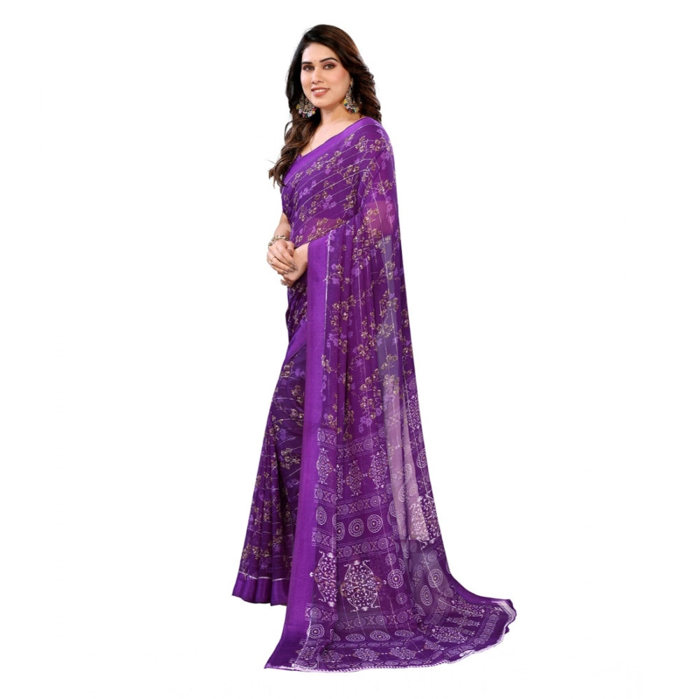 Women's Georgette Printed Saree With Unstitched Blouse 5.5Mtr (Purple)