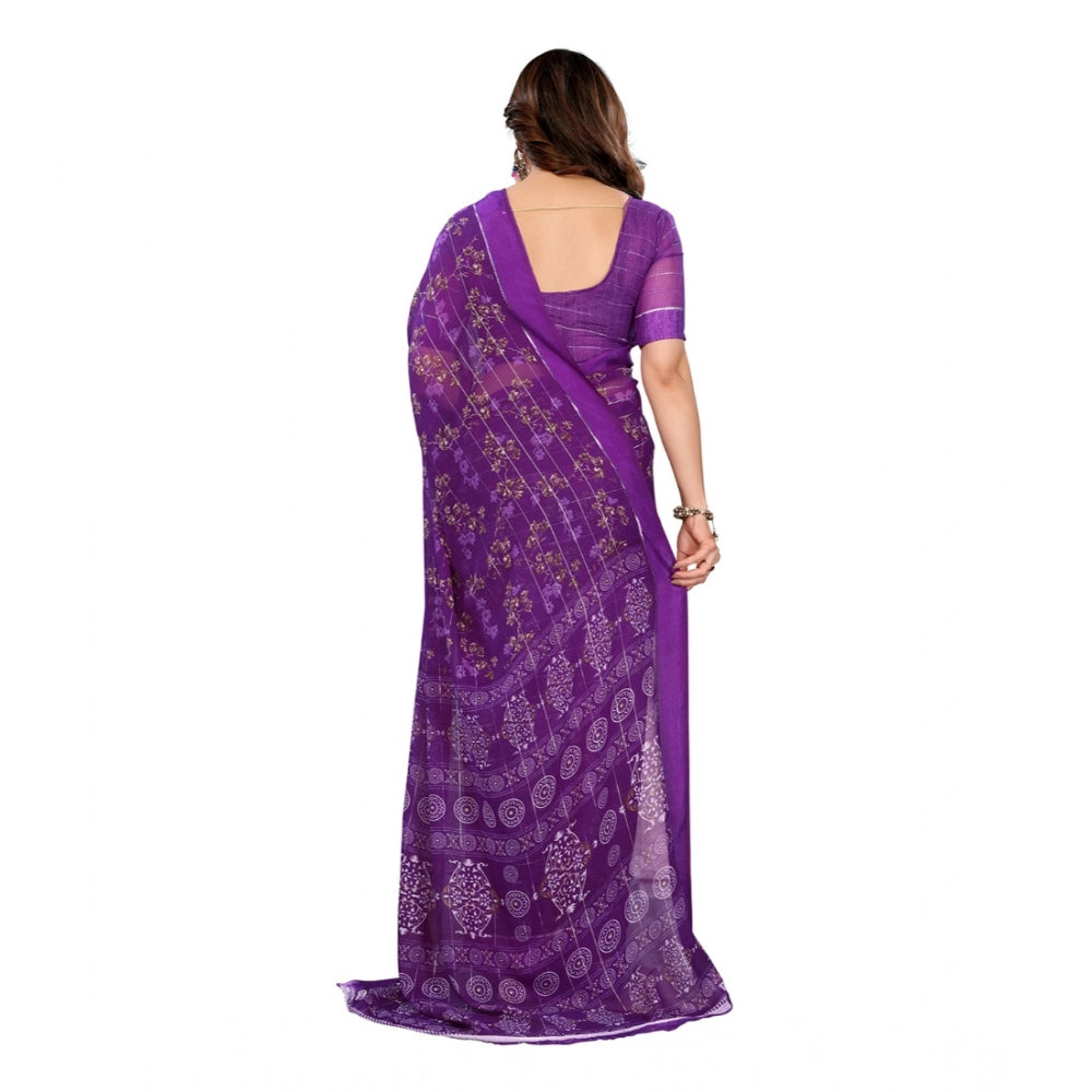 Women's Georgette Printed Saree With Unstitched Blouse 5.5Mtr (Purple)