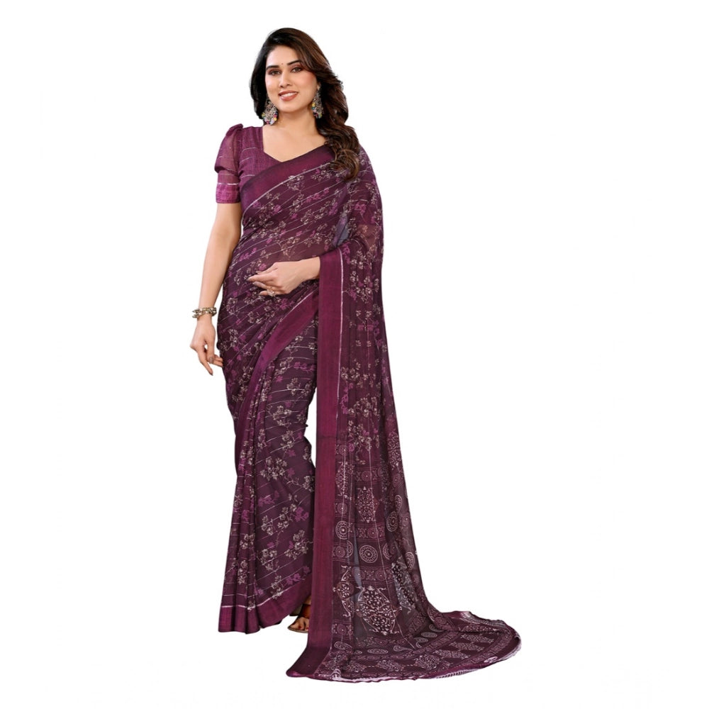 Women's Georgette Printed Saree With Unstitched Blouse 5.5Mtr (Wine)