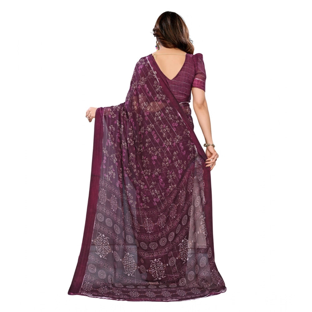 Women's Georgette Printed Saree With Unstitched Blouse 5.5Mtr (Wine)