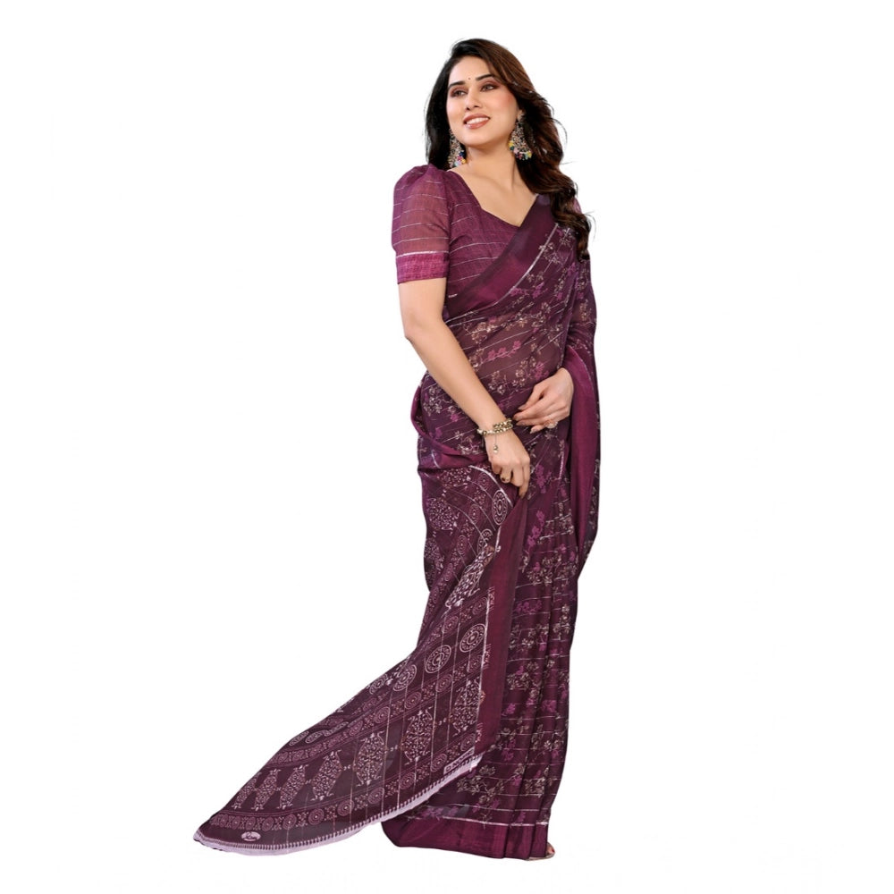 Women's Georgette Printed Saree With Unstitched Blouse 5.5Mtr (Wine)