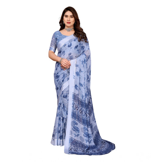 Women's Georgette Printed Saree With Unstitched Blouse 5.5Mtr (Light Blue)