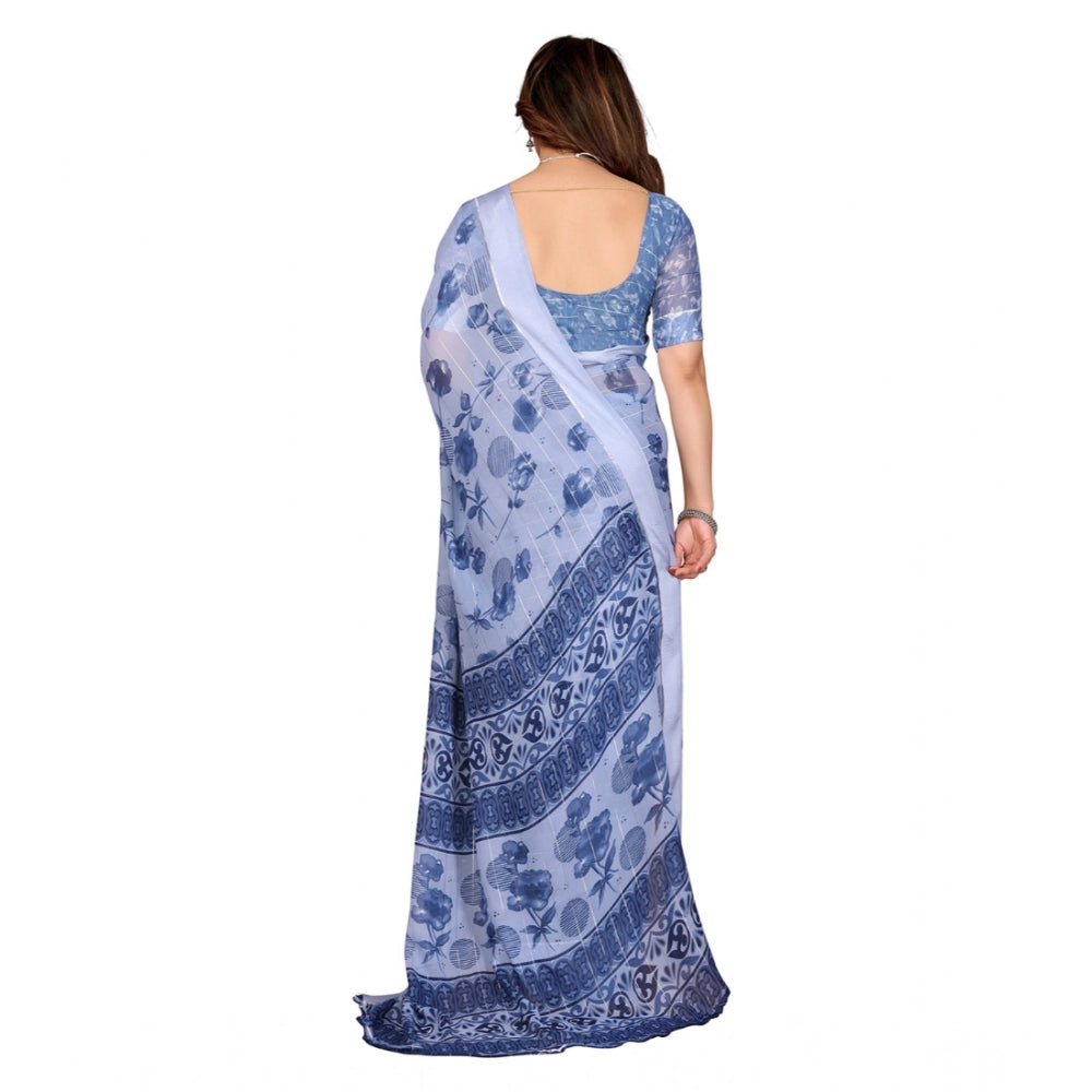 Women's Georgette Printed Saree With Unstitched Blouse 5.5Mtr (Light Blue)