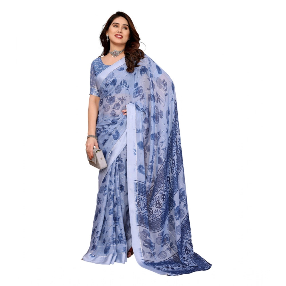 Women's Georgette Printed Saree With Unstitched Blouse 5.5Mtr (Light Blue)