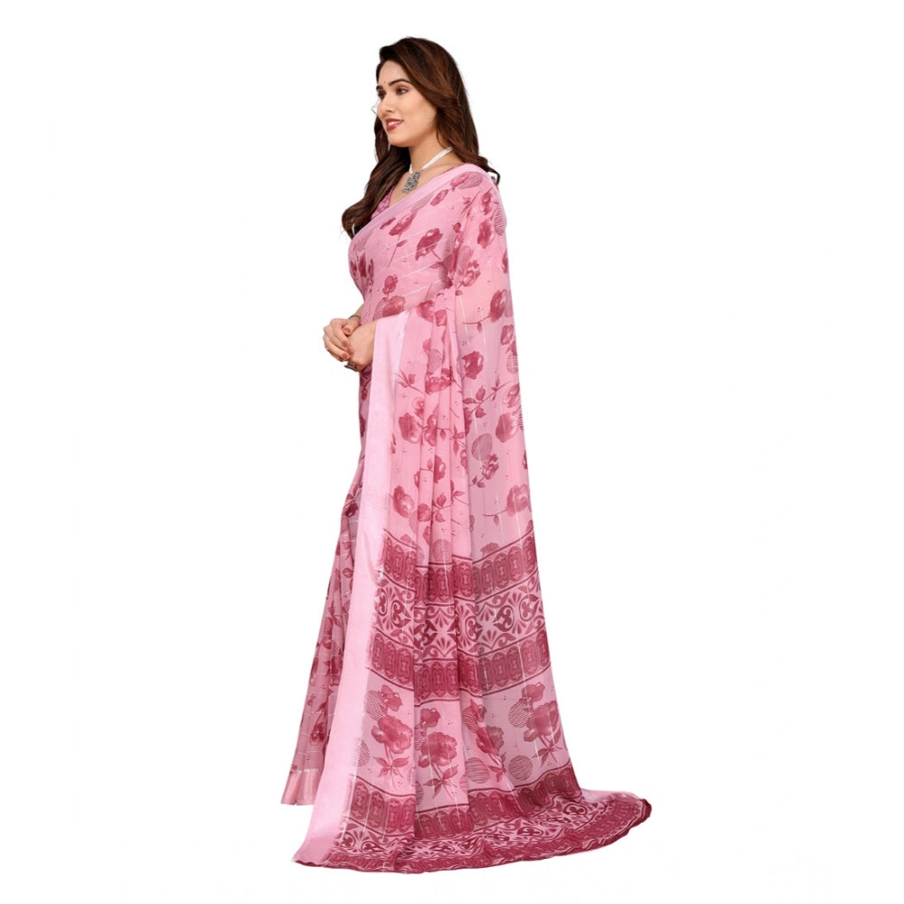 Women's Georgette Printed Saree With Unstitched Blouse 5.5Mtr (Pink)