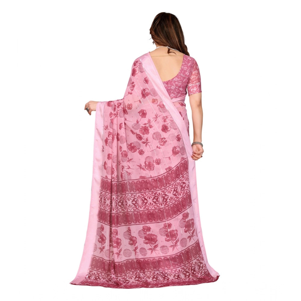 Women's Georgette Printed Saree With Unstitched Blouse 5.5Mtr (Pink)