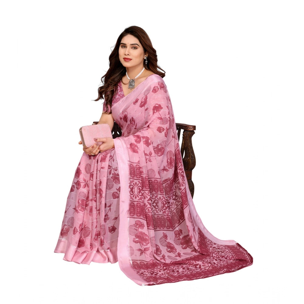 Women's Georgette Printed Saree With Unstitched Blouse 5.5Mtr (Pink)