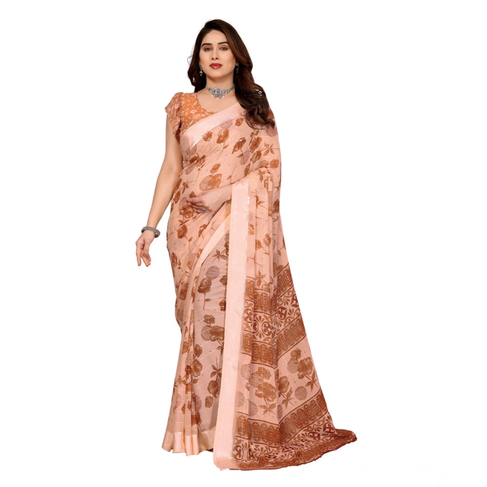 Women's Georgette Printed Saree With Unstitched Blouse 5.5Mtr (Brown)