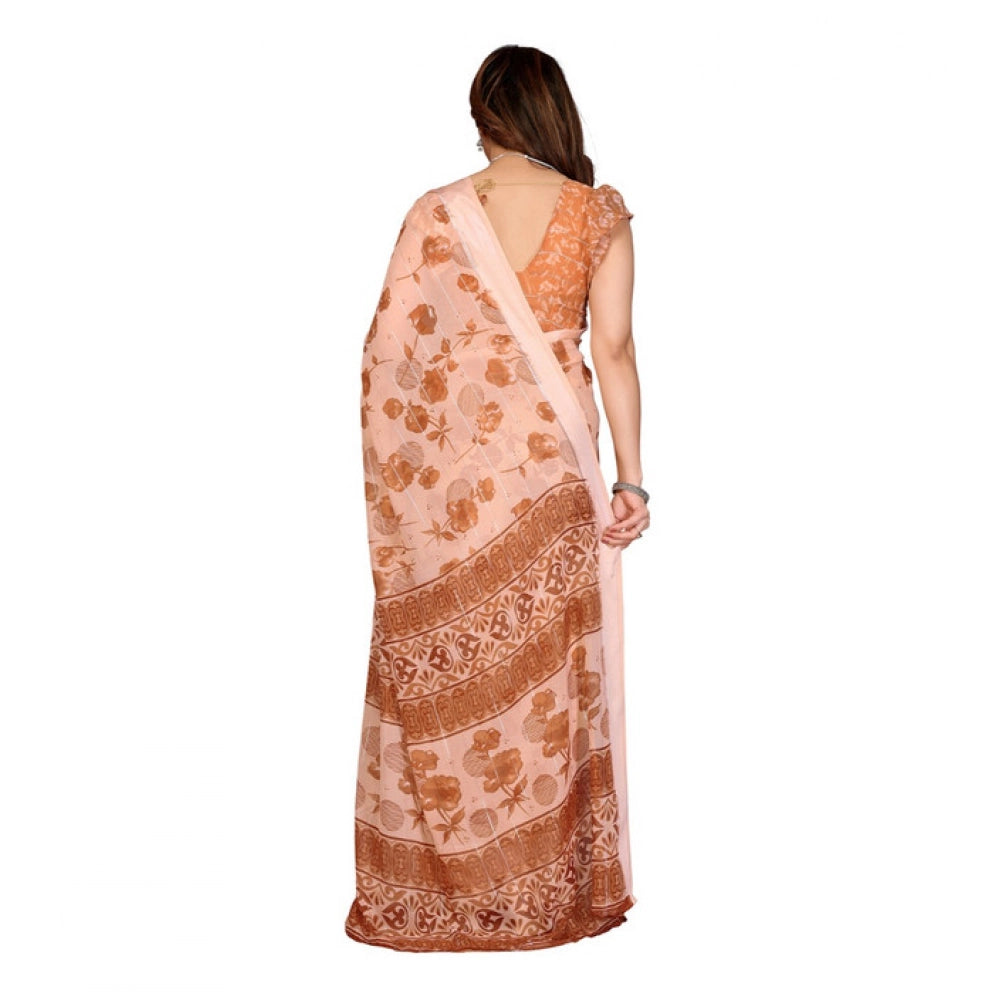 Women's Georgette Printed Saree With Unstitched Blouse 5.5Mtr (Brown)