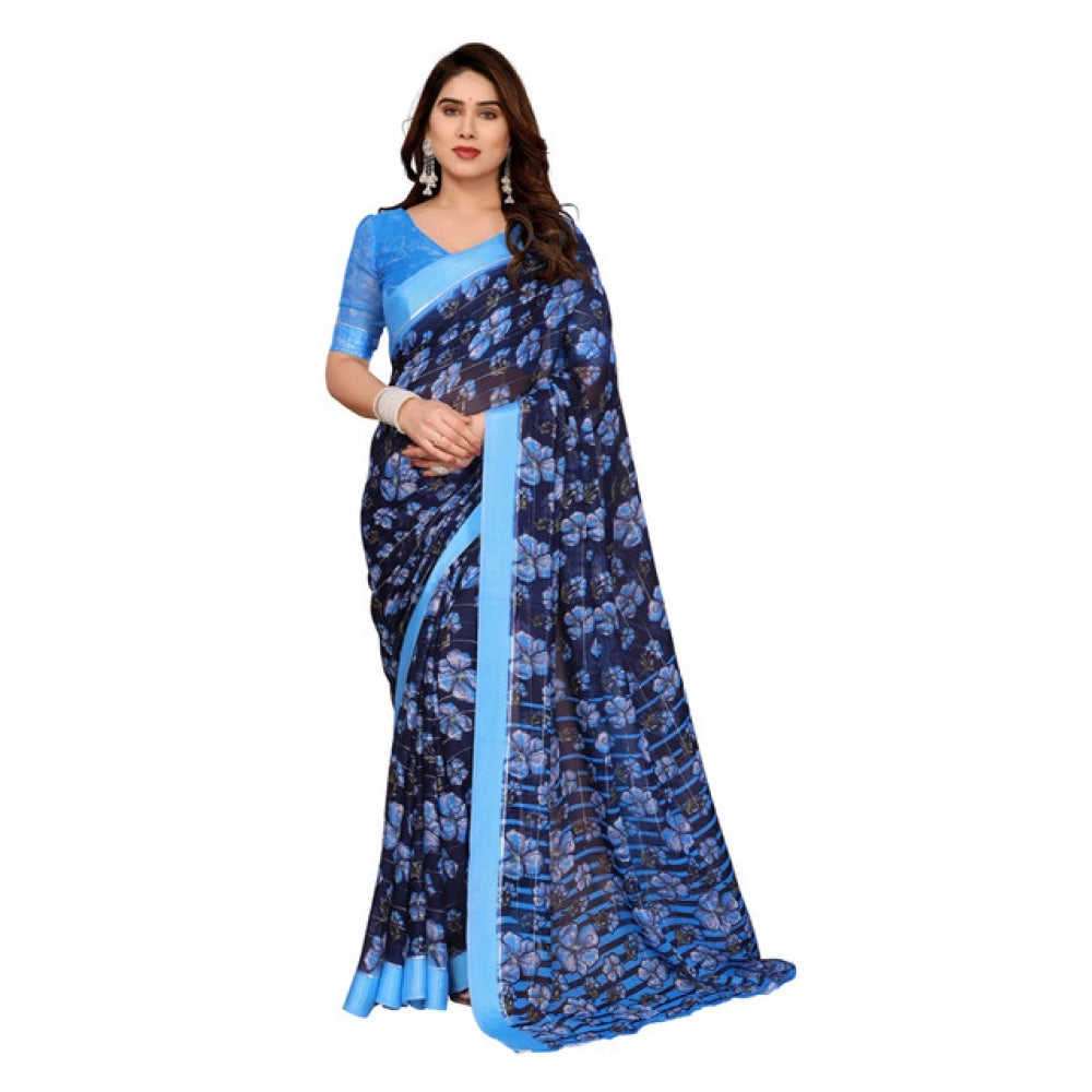 Women's Georgette Printed Saree With Unstitched Blouse 5.5Mtr (Blue)