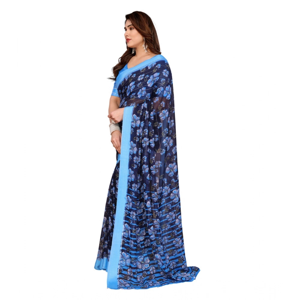 Women's Georgette Printed Saree With Unstitched Blouse 5.5Mtr (Blue)