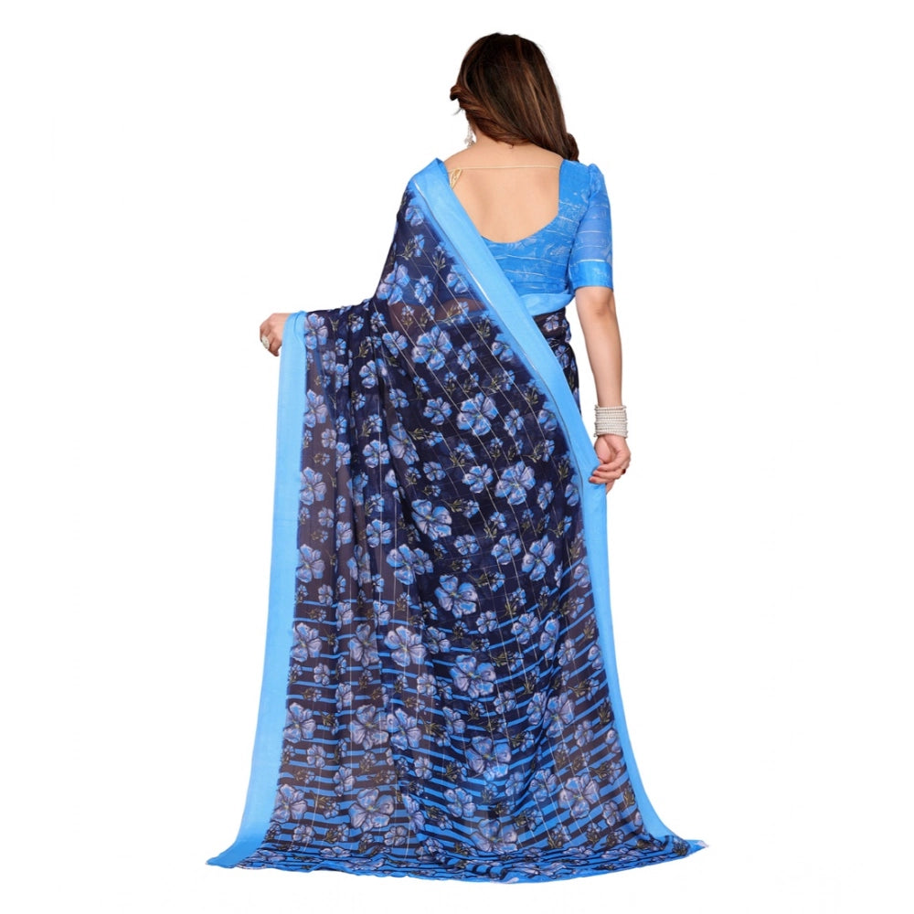Women's Georgette Printed Saree With Unstitched Blouse 5.5Mtr (Blue)